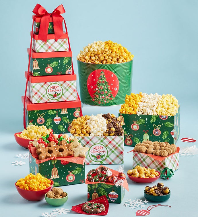 Christmas Cheer 5 Box Gift Tower and 2 Gallon Popcorn Tin